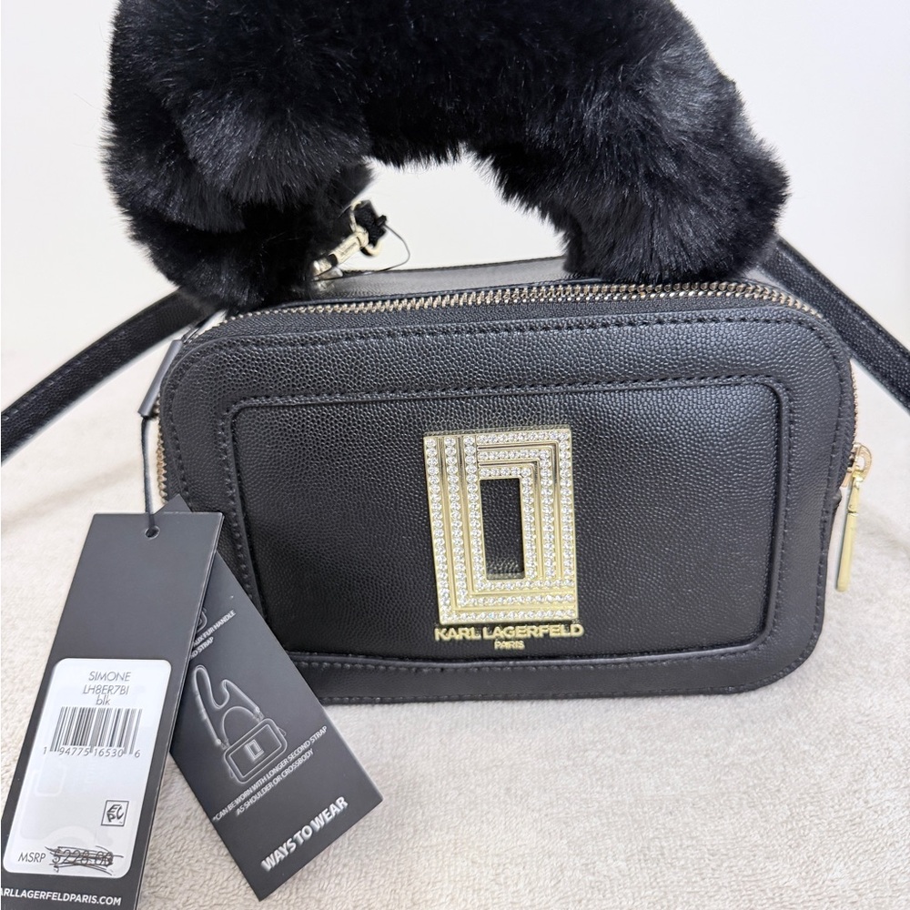 Karl Lagerfeld Black Leather Crossbody with Crystal Logo Plaque